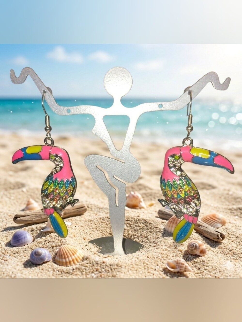 Colorful Toucan Earrings Pink Blue Yellow Silver
